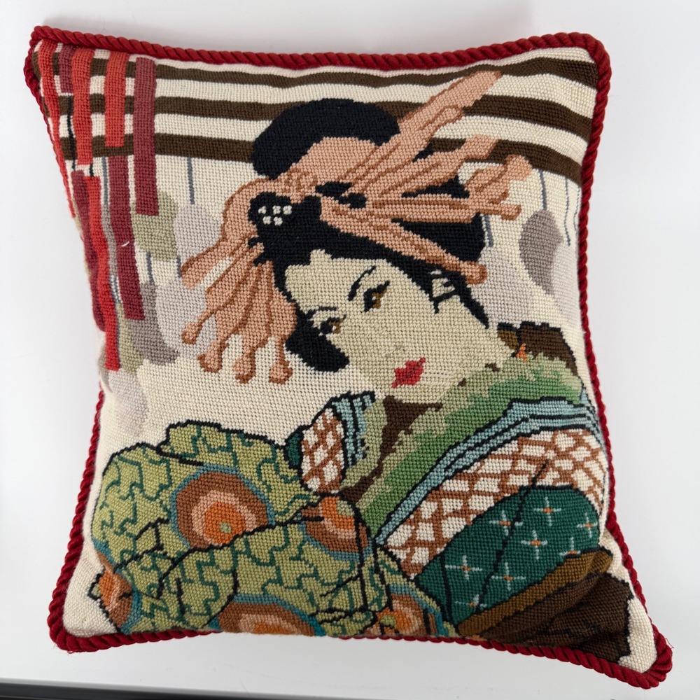 Vintage Japanese Geisha Needlepoint Pillow Red Velvet Back Hand Stitched 14x14